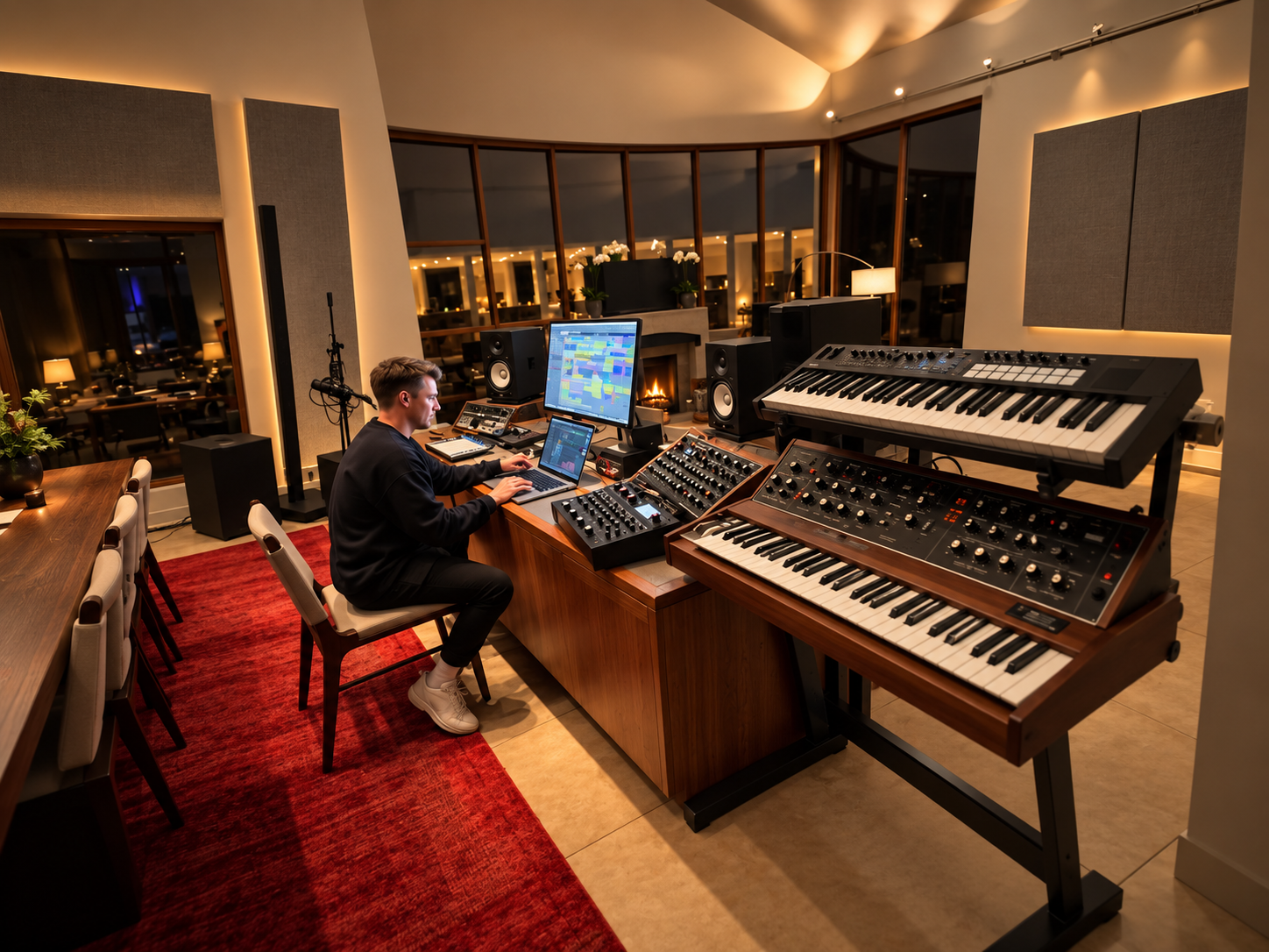 Dolby Atmos immersive studio with synthesizers and fireplace