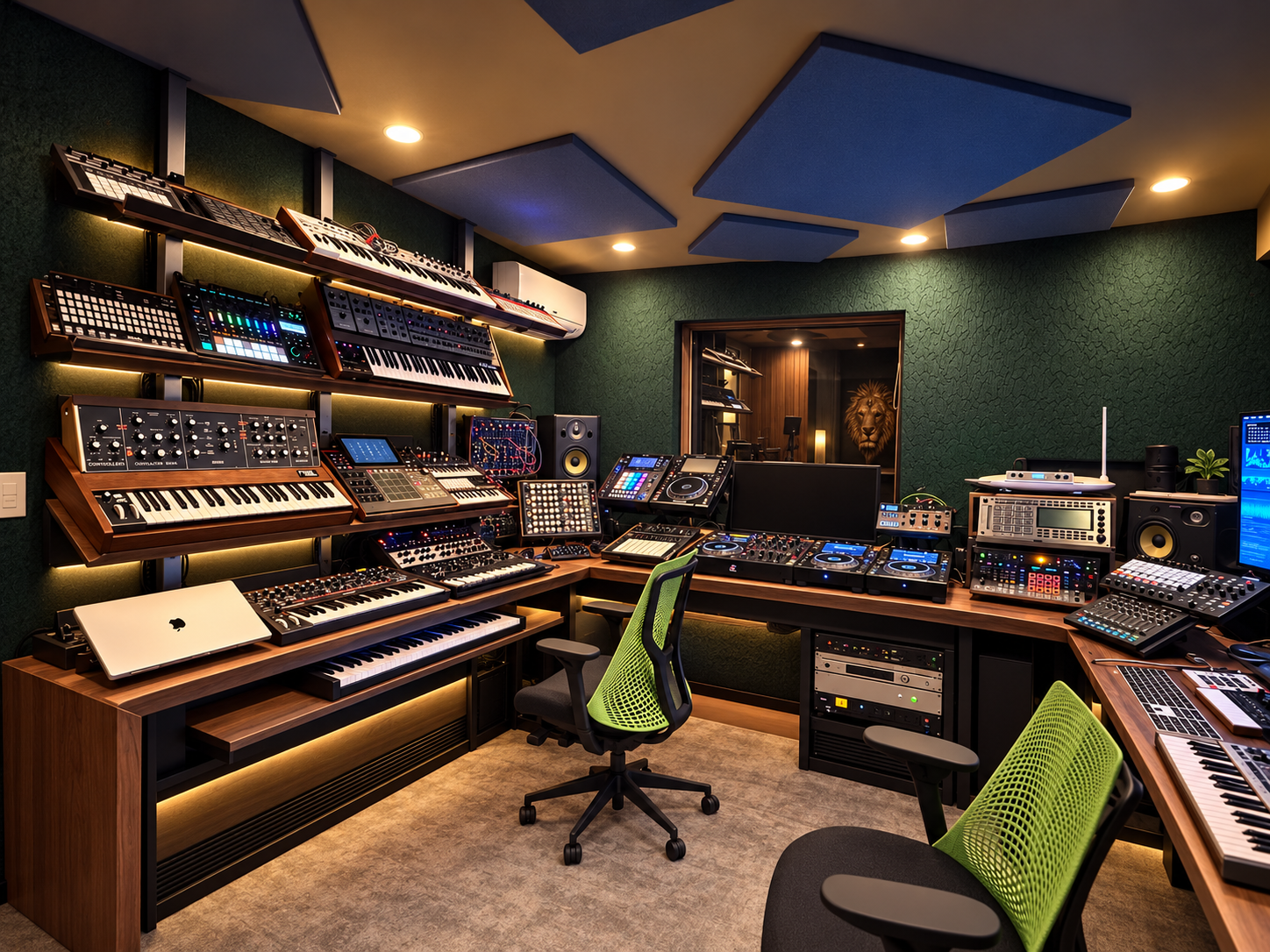 Production studio with a wall of synthesizers, drum machines and DJ decks